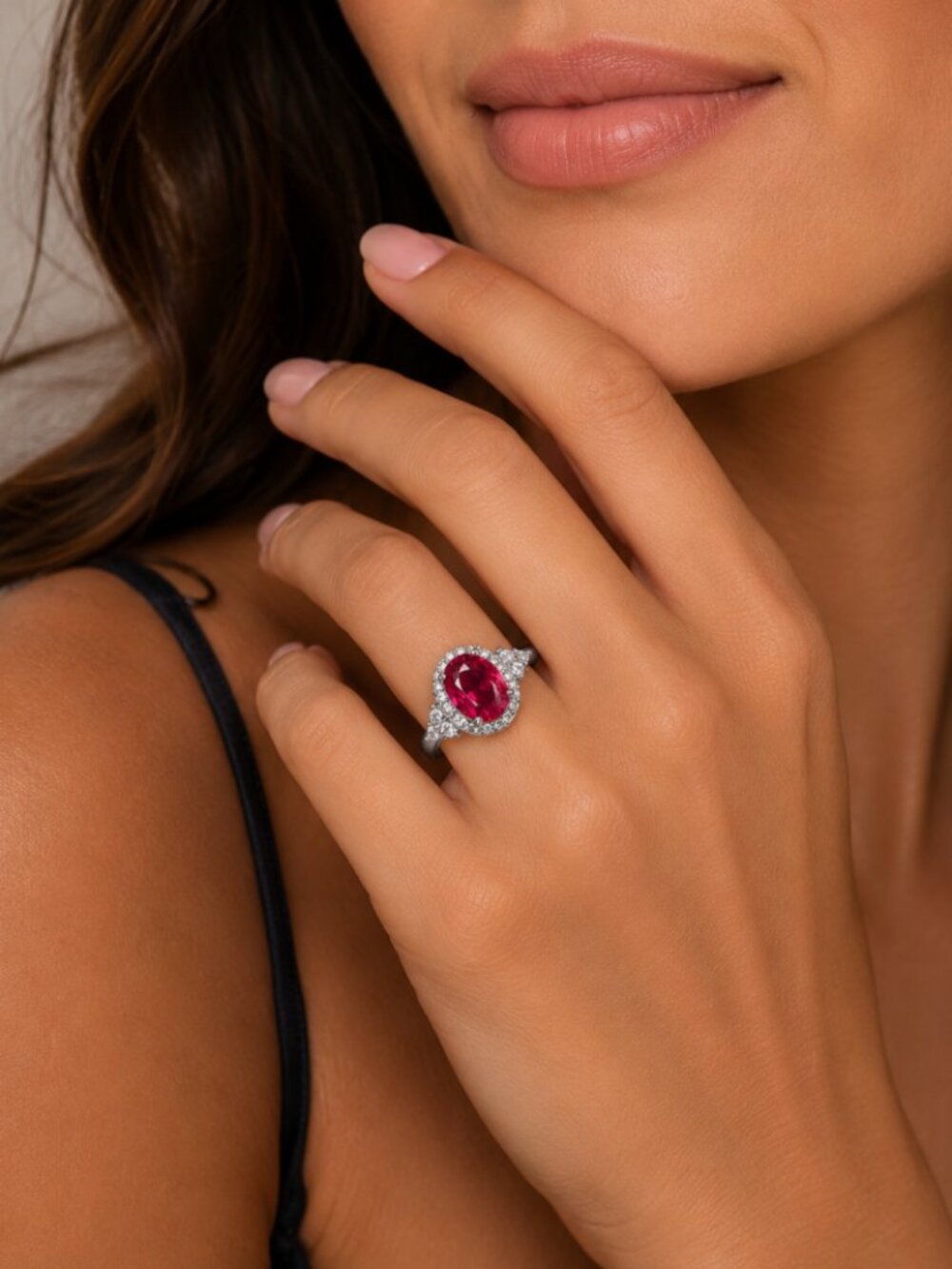 NEW 925 Sterling Silver Oval Ruby Round Diamond Halo Ring